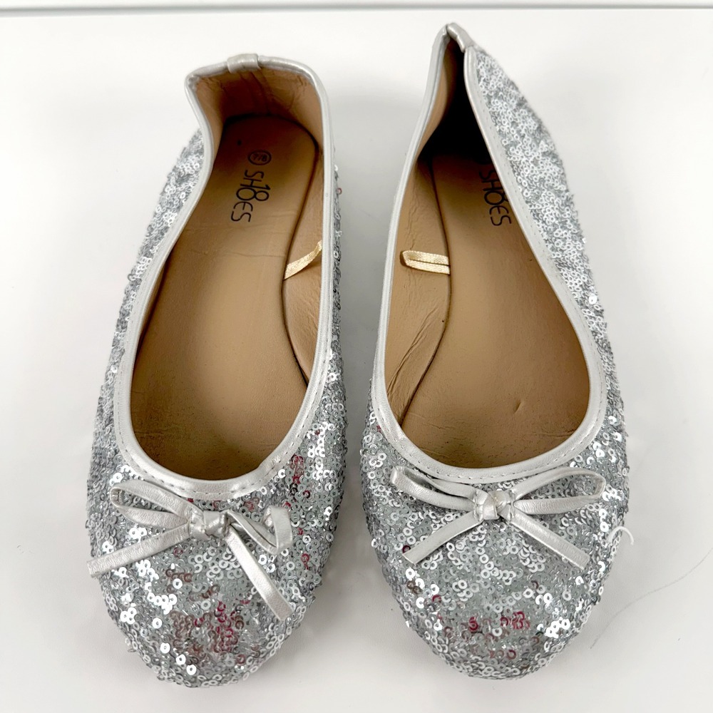 Kids‎ Girls Silver Sequin Ballet Flats Sparkle Bow Party Shoes Size 7/8